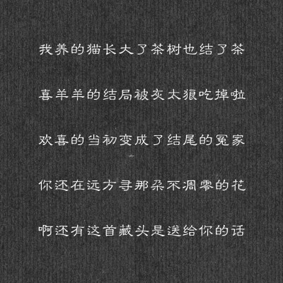 我养的猫长大了茶树也结了茶
喜羊羊的结局被灰太狼吃掉啦
欢喜的当初变成了结尾的冤家
你还在远方寻那朵不凋零的花
啊还有这首藏头是送给你的话