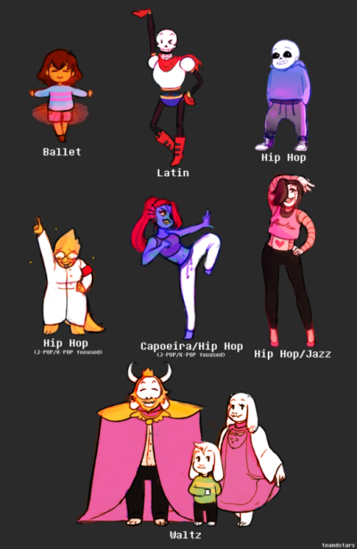 UndertaleAU——Dancetale
Frisk：芭蕾
Papyrus：拉丁
Sans：嘻哈
Alphys：嘻哈&日式嘻哈
Undyne：嘻哈&卡波卫勒舞*&韩式嘻哈
Mettaton：嘻哈&爵士
羊家：华尔兹
*卡波卫勒舞：源于非洲一种舞，把民间舞蹈与自卫动作…