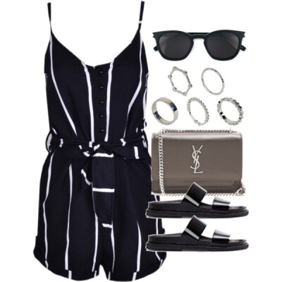 A fashion look from July 2017 featuring blue romper, low heel shoes and leather crossbody. Browse and shop related looks.