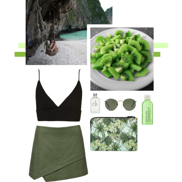 A fashion look from July 2017 featuring cut-out crop tops, green skort and green handbags. Browse and shop related looks.