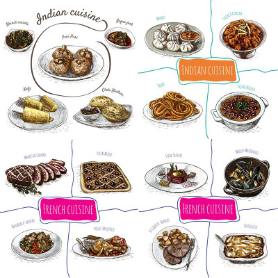 手绘各国美食特色食物牛排盖浇饭沙拉贴纸插画矢量设计素材ai249