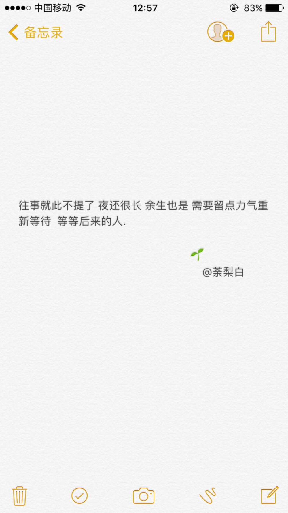 备忘录文字。往事就此不提了 夜还很长 余生也是 需要留点力气重新等待 等等后来的人.