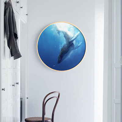 仟象映画 玄关装饰画现代卧室床头壁画挂画 动物墙画圆形实木鲸鱼