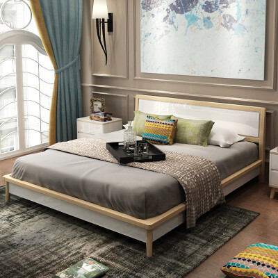北欧实木床 双人床1.5 1.8米简约现代烤漆时尚原木色婚床卧室家具