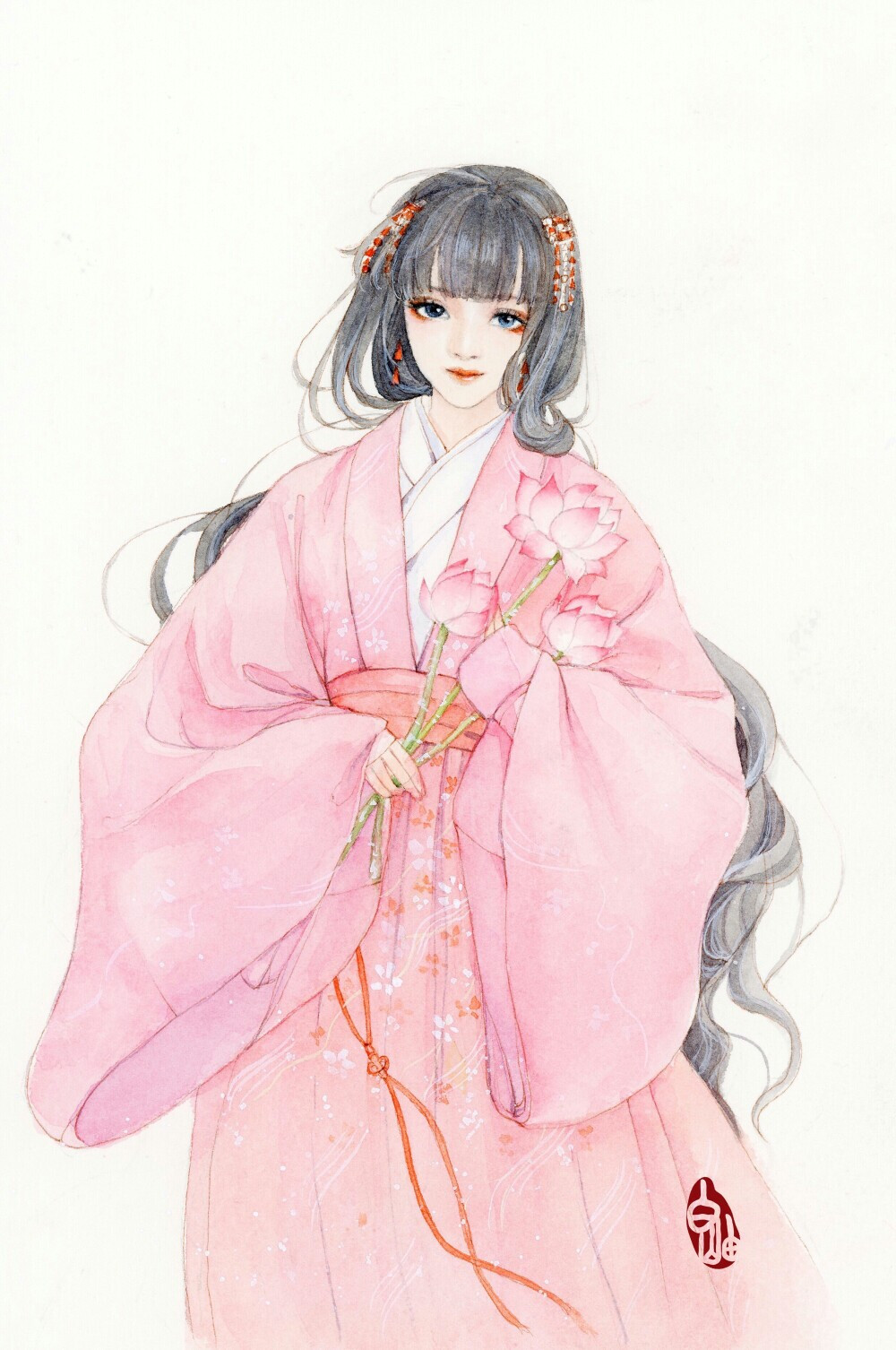 手绘古风粉衣女子