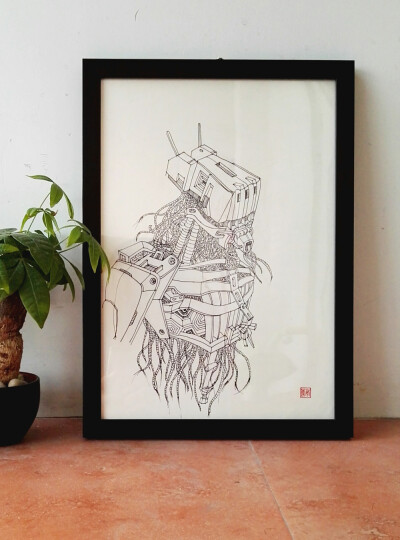 黑白线稿手绘创意家居装饰画机器人