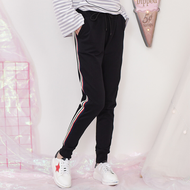 森女部落运动风百搭彩条休闲系带舒适运动裤2017春季森女系