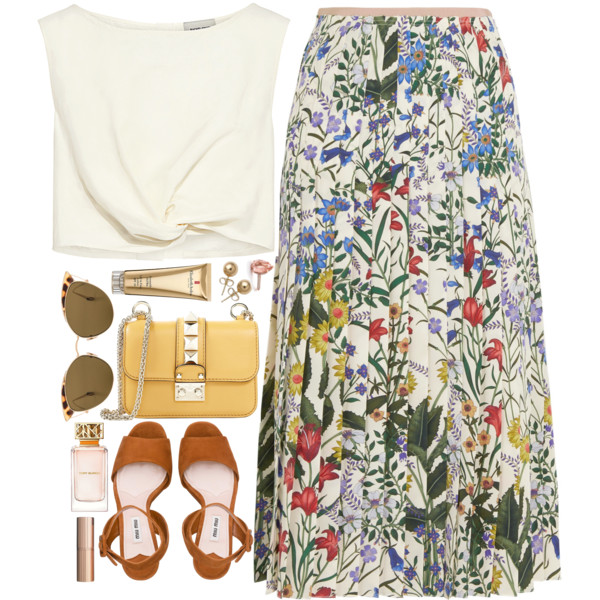 A fashion look from July 2017 featuring silk crop top, floral print skirt and platform shoes. Browse and shop related looks.