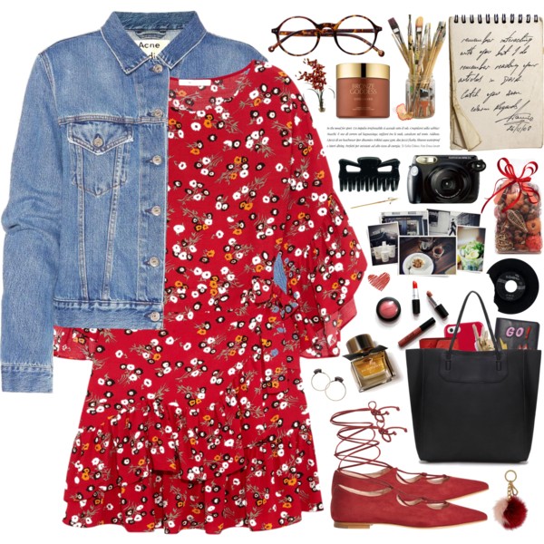 A fashion look from July 2017 featuring short red dress, blue jean jacket and flat shoes. Browse and shop related looks.