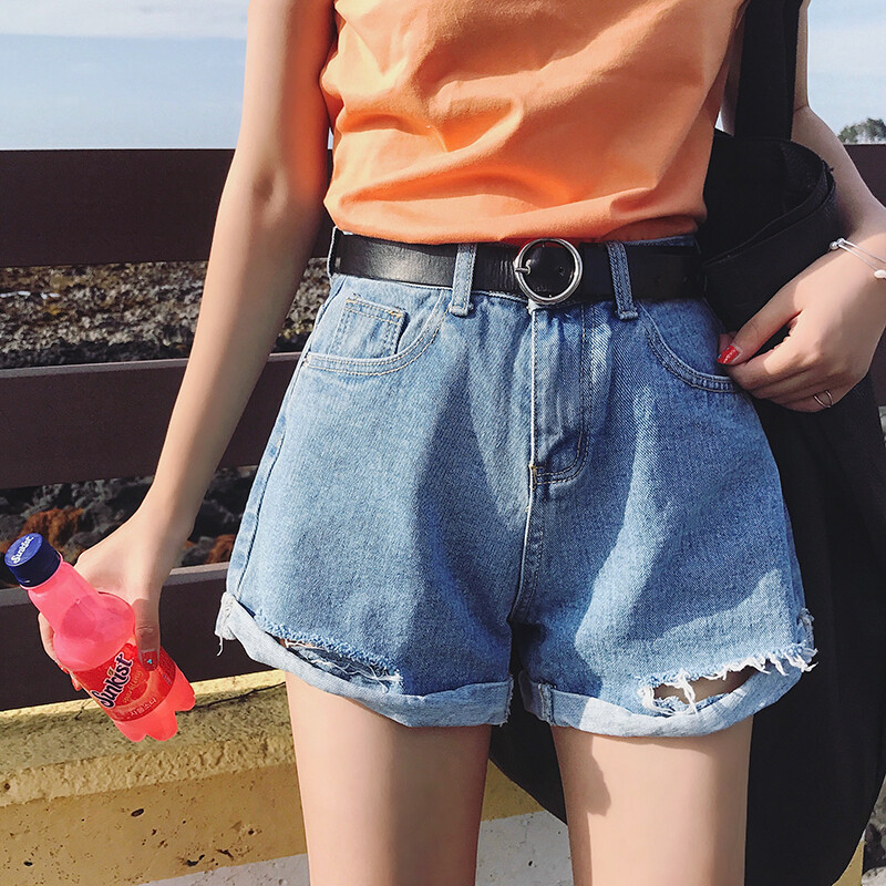 孙啦啦2017夏宽松高腰阔腿翻边男友力破洞牛仔短裤热裤女