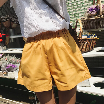 孙啦啦2017夏 百搭休闲阔腿棉黄色短裤学生热裤女潮