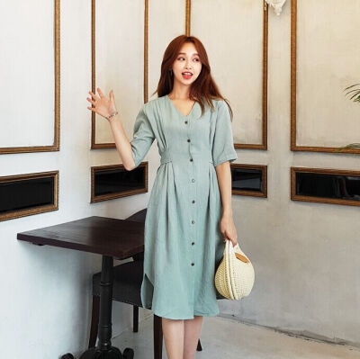 韩国夏款 复古端庄！气质V领单排扣高腰绑带亚麻布连衣长裙