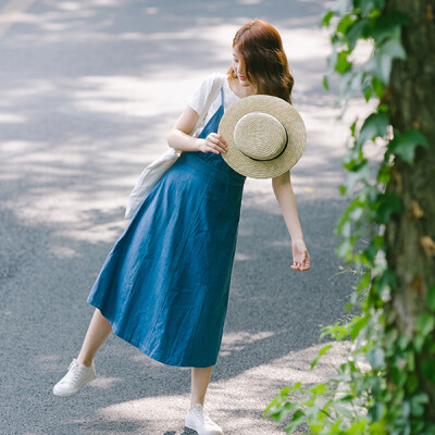 知物 背带牛仔连衣裙高腰中长款2017夏女韩版a字裙显瘦显高