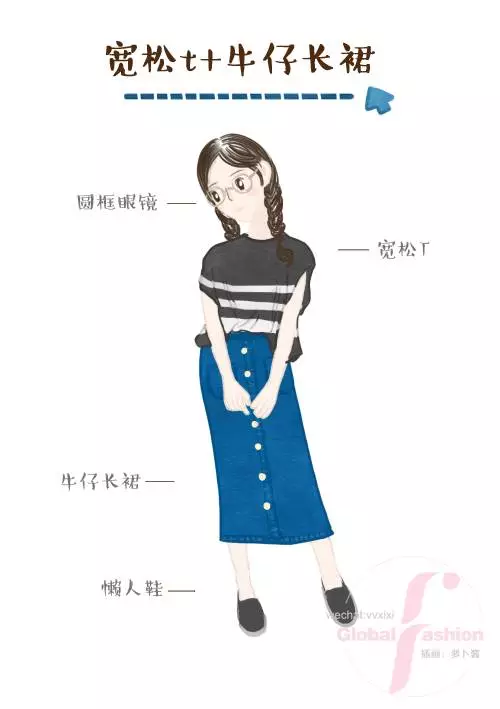 牛仔裙。单纯喜欢这种风格，所以收藏参考一下(截自公众号全球时尚)