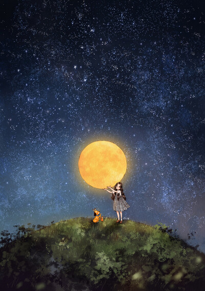 你知道吗？我愿意为你做任何事…只要说出来，我甚至会把夜空的月亮摘下，只为你。 ~ 来自韩国插画家Aeppol 的「森林女孩日记-2017」系列插画。