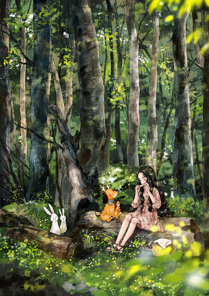 林荫深处，原木长凳，夏日聚会的好地方 ~ 来自韩国插画家Aeppol 的「森林女孩日记-2017」系列插画。