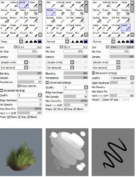 DA绘师isihock分享的一组SAI笔刷设置，画场景、水彩和小元素等各笔刷都适用