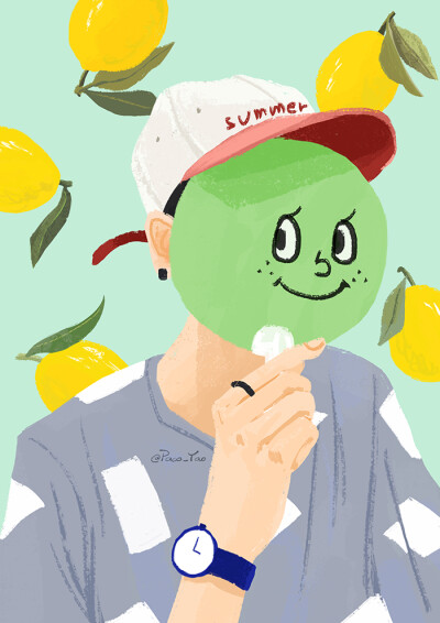 Paco_Yao 插画 原创 头像 男生男孩 型男帅哥小鲜肉 夏天夏季 柠檬 扇子 帽子
