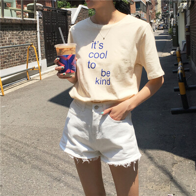 2017夏季chic韩国新款百搭学院风圆领字母印花纯色短袖T恤女
