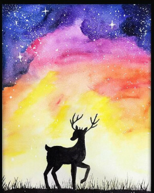 水彩画   星空  鹿  渲染