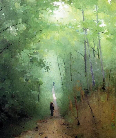 Landscape At Fontainebleau Forest
Abbott Handerson Thayer[美国]
真爱一个人时，会霸道得可爱。
我希望你的手捧着鲜花
你的脚步
踏在草地里一条细沙小径上
小径上升，下降，拐弯
仿佛伸向寂静的深处
一条细沙的小…