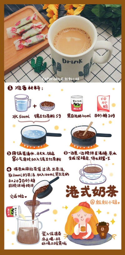 #烘焙食谱#【9款清新手绘食谱】不学会都对不起这么萌的食谱呢①牛轧糖②红烧云吐司③港式奶茶④双色绿豆糕⑤抹茶冻芝士⑥杨梅糖水⑦杨梅酱⑧椰丝小方⑨樱花水信玄饼 （by蚯蚓小姐） ????