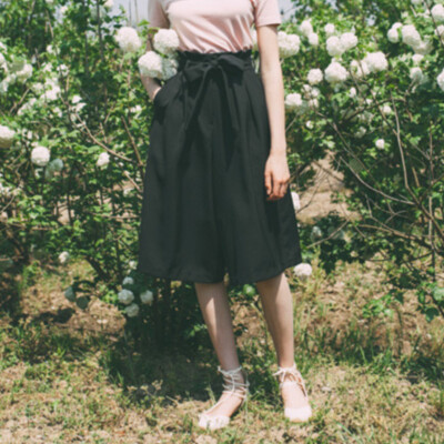 然若 夏季 黑色褶裥高腰七分阔腿裤蝴蝶结系带纯色宽松中裤