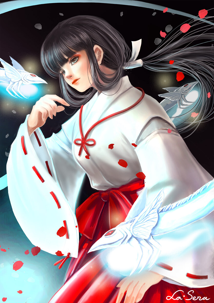 【来源pixiv，侵删】Kikyo
Inspired from Shinjitsu No Uta, inuyasha ending song
画师：la-sera
桔梗，日本动漫《犬夜叉》中的主要角色，战国时代灵力数一数二的巫女，被村民敬称为“圣大人，圣女大人”。负责守护及净化四魂之玉，是犬夜叉最心爱的女子。
动漫二次元原创/同人画/插画/手绘/女生头像/壁纸/锁屏/背景/黑发/黑长直/巫女/美女