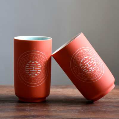 红色双喜字陶瓷杯子结婚喜庆用品创意结婚礼品手工雕刻杯定制送礼