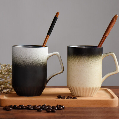 杯子陶瓷带盖勺创意简约马克杯复古渐变情侣咖啡杯办公茶水杯定制