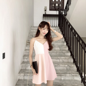 【ANLI STYLE】冰淇淋感 温柔三色拼色 甜美 V领特色吊带连衣裙 by:aStarry