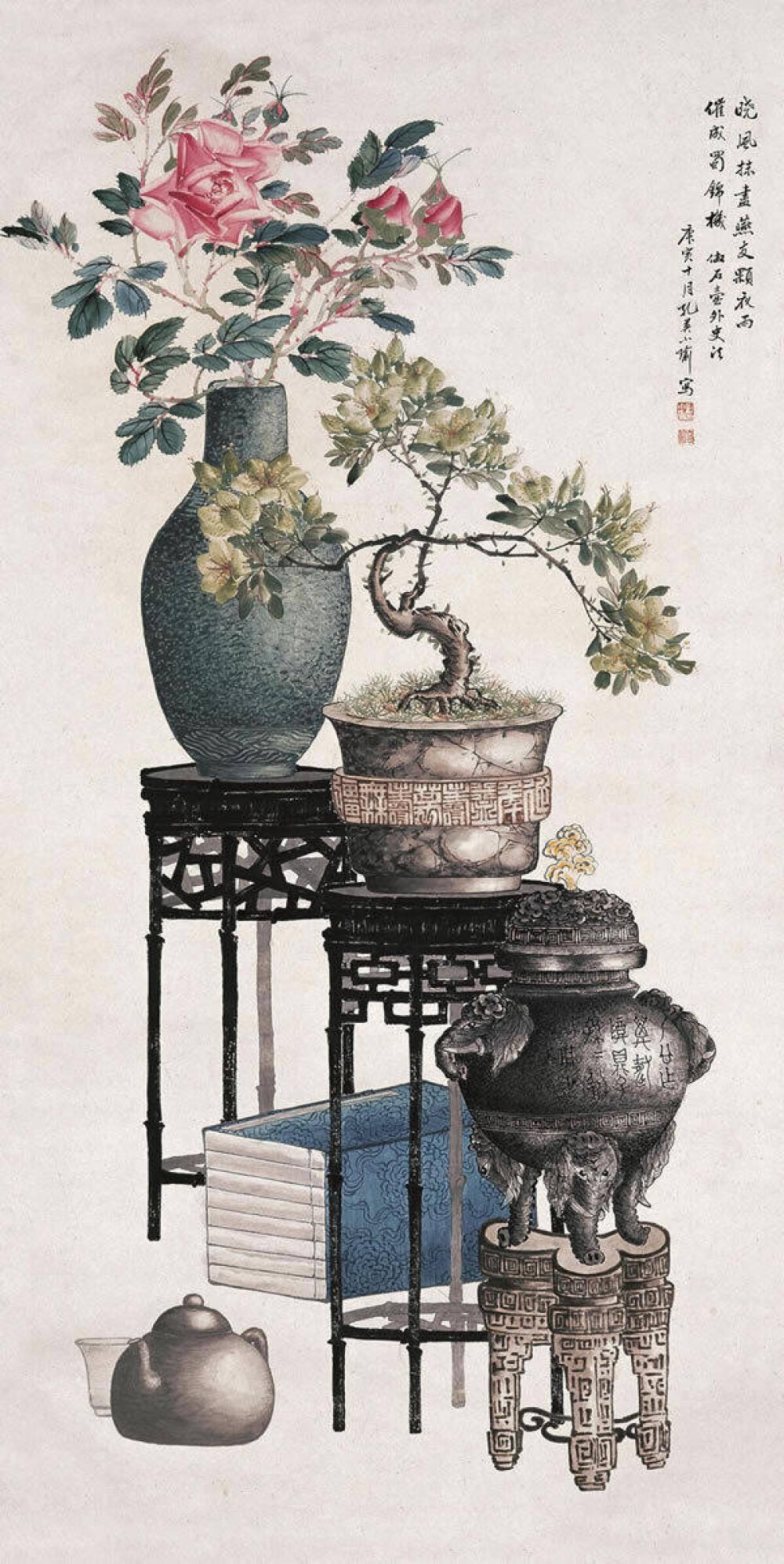 中国传统工笔博古画，是一种摹写古代器物形状的绘画，或用古器物图形装饰的工艺品，都称“博古”。博古画由来已久，北宋大观年间宋徽宗命人编绘宣和殿所藏古物，定为“博古图”。后人将图画在器物上，形成装饰的工艺品，泛称“博古”。 ​​​​