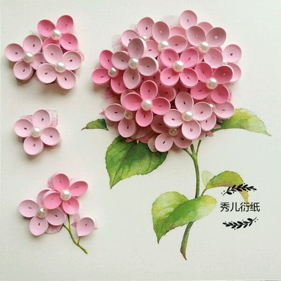 【原创】花团锦簇尝试自己原创，效果出乎我的意料还不错，给大家分享一下利用了水彩画做底稿3mm54cm粉色一条做紧卷花瓣添加了珍珠装饰花蕊，效果还蛮好看