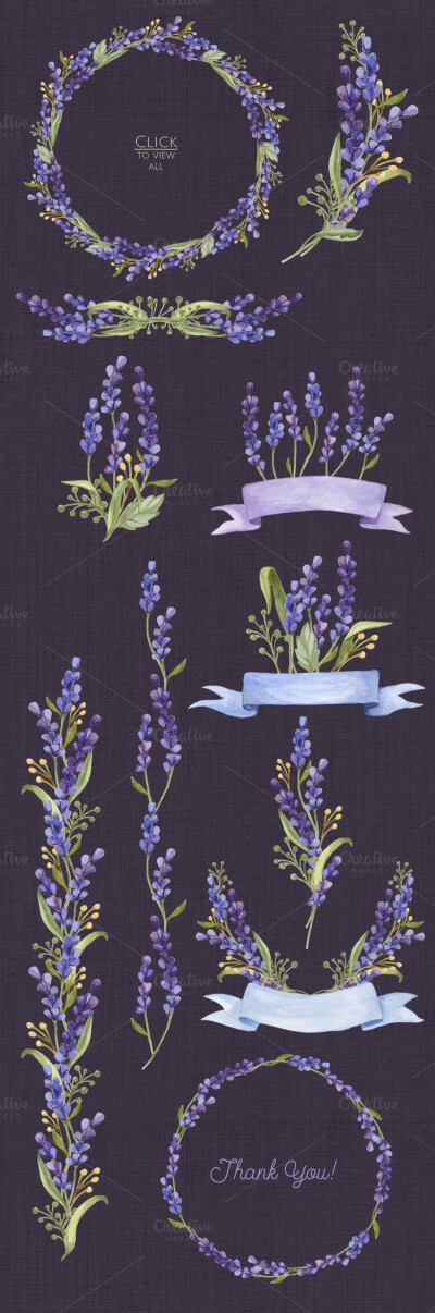 手绘水彩鲜花植物 薰衣草 小清新平面设计 手账贴纸素材 树叶 紫色