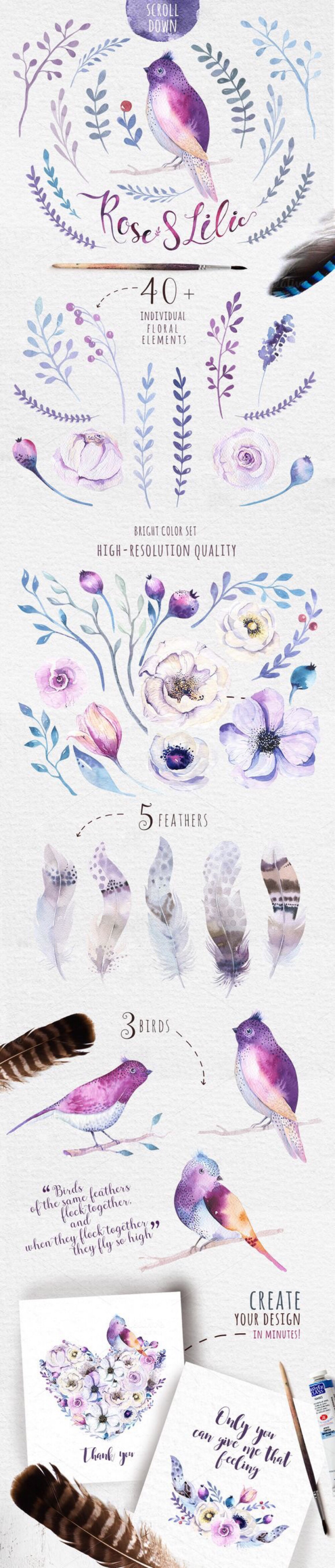 手绘水彩鲜花植物 羽毛 小清新平面设计 手账贴纸素材 树叶 森系 花环