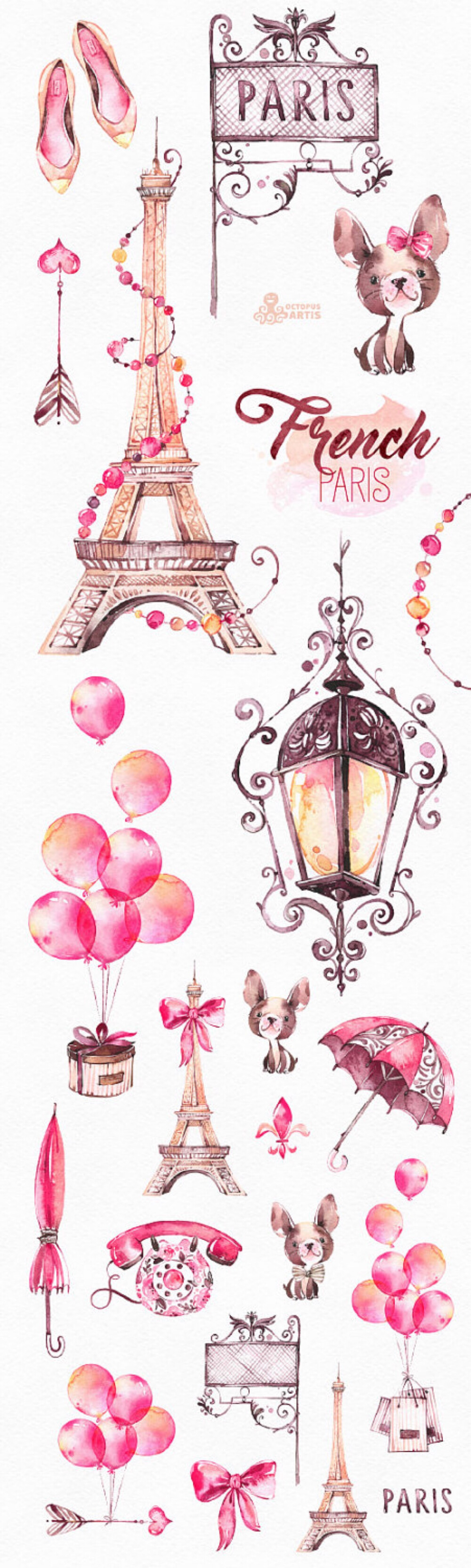 手绘水彩埃菲尔铁塔 气球 小清新平面设计 手账贴纸素材 粉色