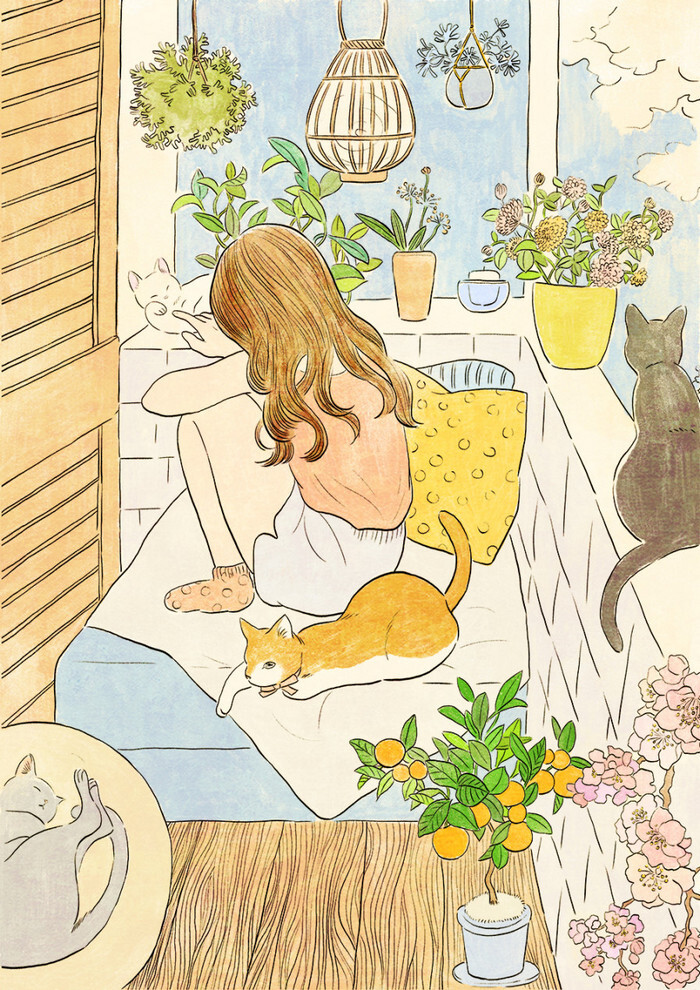 少女猫咪插画creamrose