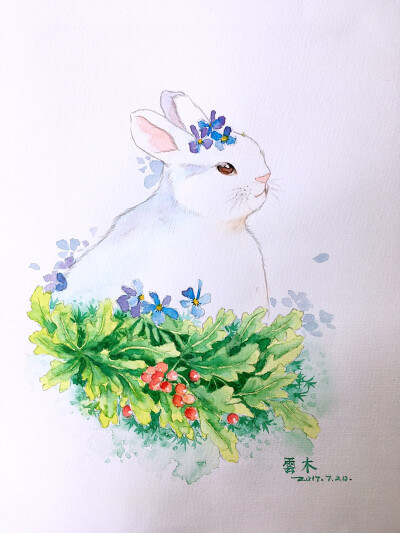 云木水彩插画兔子