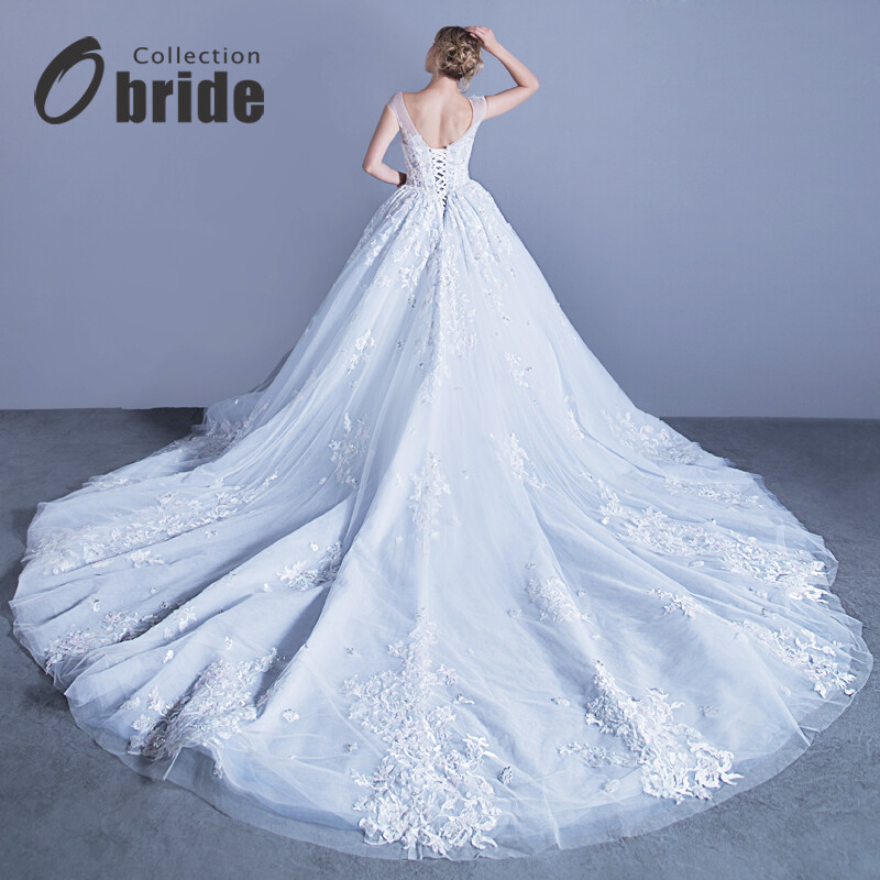 Obride【新款】婚纱2017新款一字肩新娘结婚韩版宫廷大拖尾婚纱