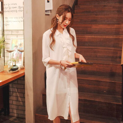 韩国夏款 甜美chic！木耳边白色休闲半袖衬衫式连衣裙 3色入