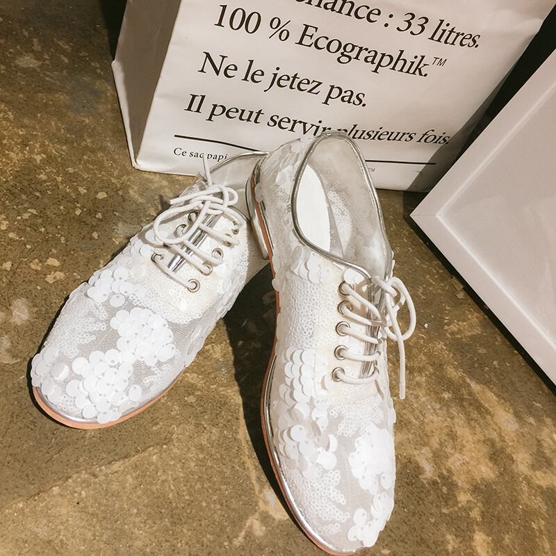 openlady 镂空鱼鳞亮片银边小白鞋