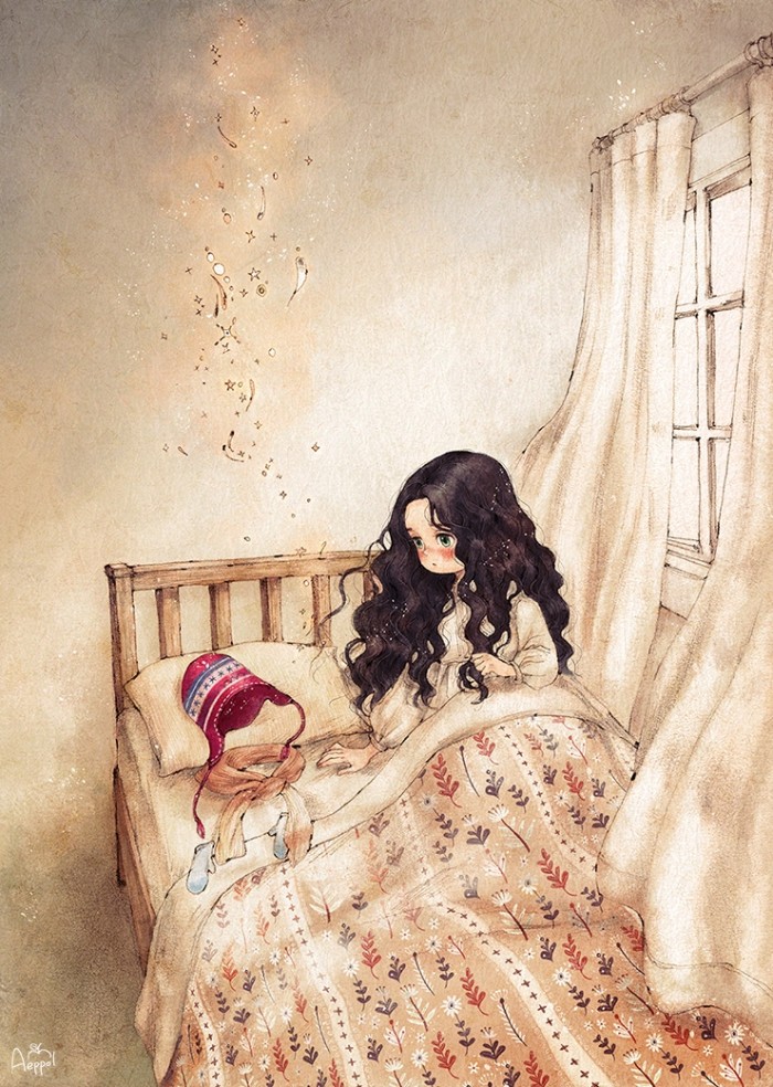 冬日系列_消失的雪人 ~ 来自韩国插画家Aeppol 的「森林女孩日记」系列插画。