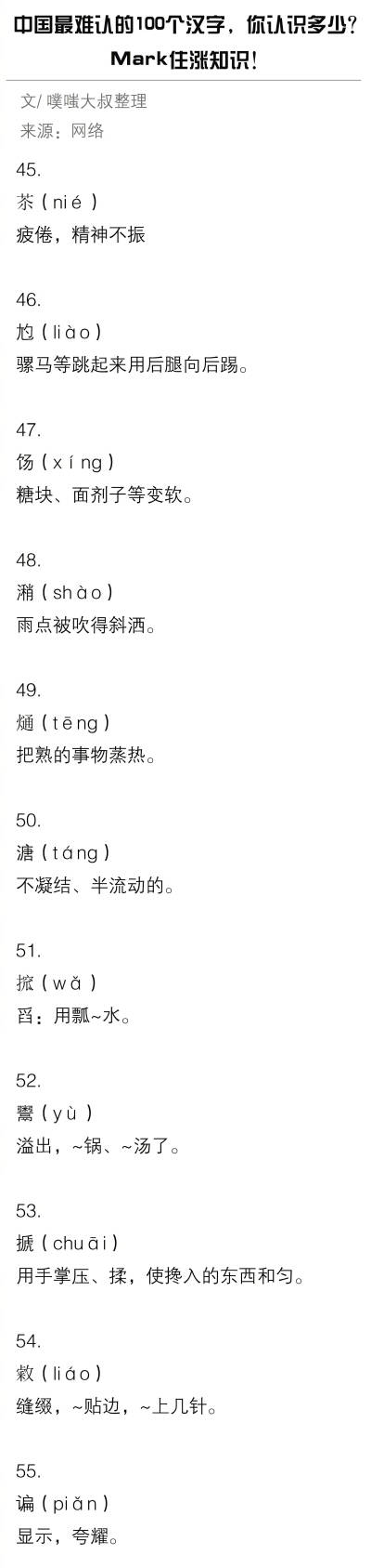 中国最难认的100个汉字 你认识多少？
Mark住涨知识