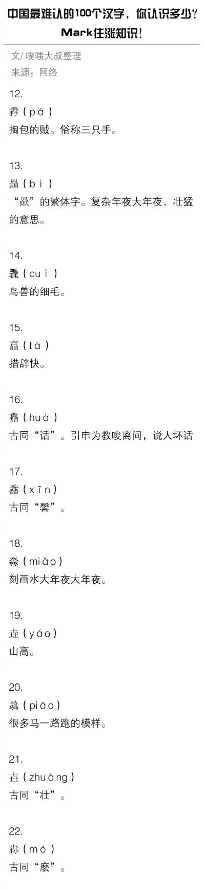 中国最难认的100个汉字 你认识多少？
Mark住涨知识