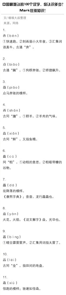 中国最难认的100个汉字 你认识多少？
Mark住涨知识