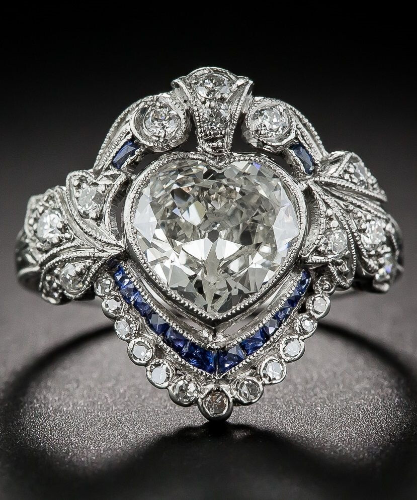 An Edwardian Heart-Shaped Diamond and Sapphire Ring