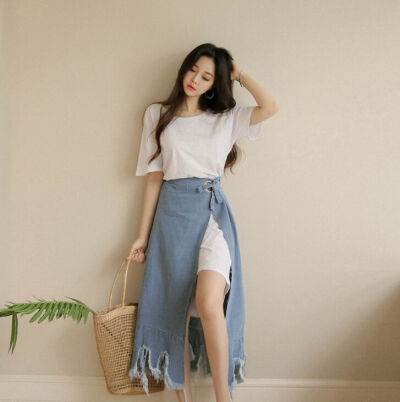 韩国 2017夏季女装 短袖 牛仔裙 两件套 连衣裙 E12