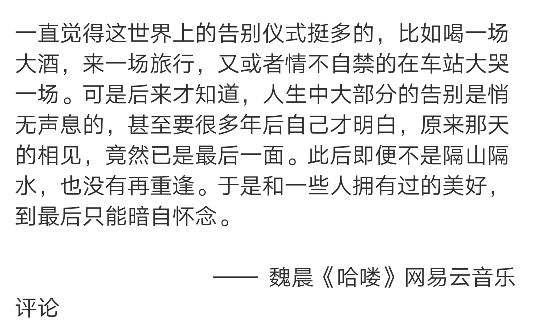 一直觉得这世界上的告别仪式挺多的，比如喝一场大酒，来一场旅行，又或者情不自禁的在车站大哭一场。可是后来才知道，人生中大部分的告别是悄无声息的，甚至要很多年后自己才明白，原来那天的相见，竟然已是最后一面。此后即便不是隔山隔水，也没有再重逢。于是和一些人拥有过的美好，到最后只能暗自怀念。
—— 魏晨《哈喽》网易云音乐评论