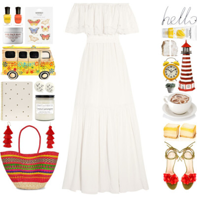 A fashion look from July 2017 featuring long white dress, green shoes and white handbags. Browse and shop related looks.