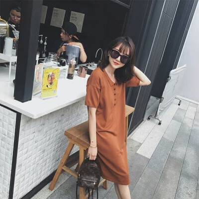 金蘑菇菇气质慵懒风单侧开叉v领polo裙针织冰爽丝短袖连衣裙女
